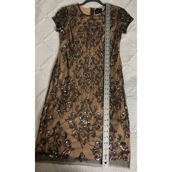 ADRIANNA PAPELL DRESS 2 SEQUIN BEADED MESH SHEER TAN NUDE SILVER MINI COCKTAIL - Picture 15 of 16